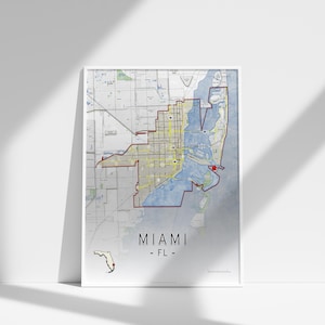 Kaart Miami, Florida, aangepaste kaart, gepersonaliseerde kaart, cadeaukaart, stadsgrenskaart, stadsprint, DIGITALE DOWNLOAD