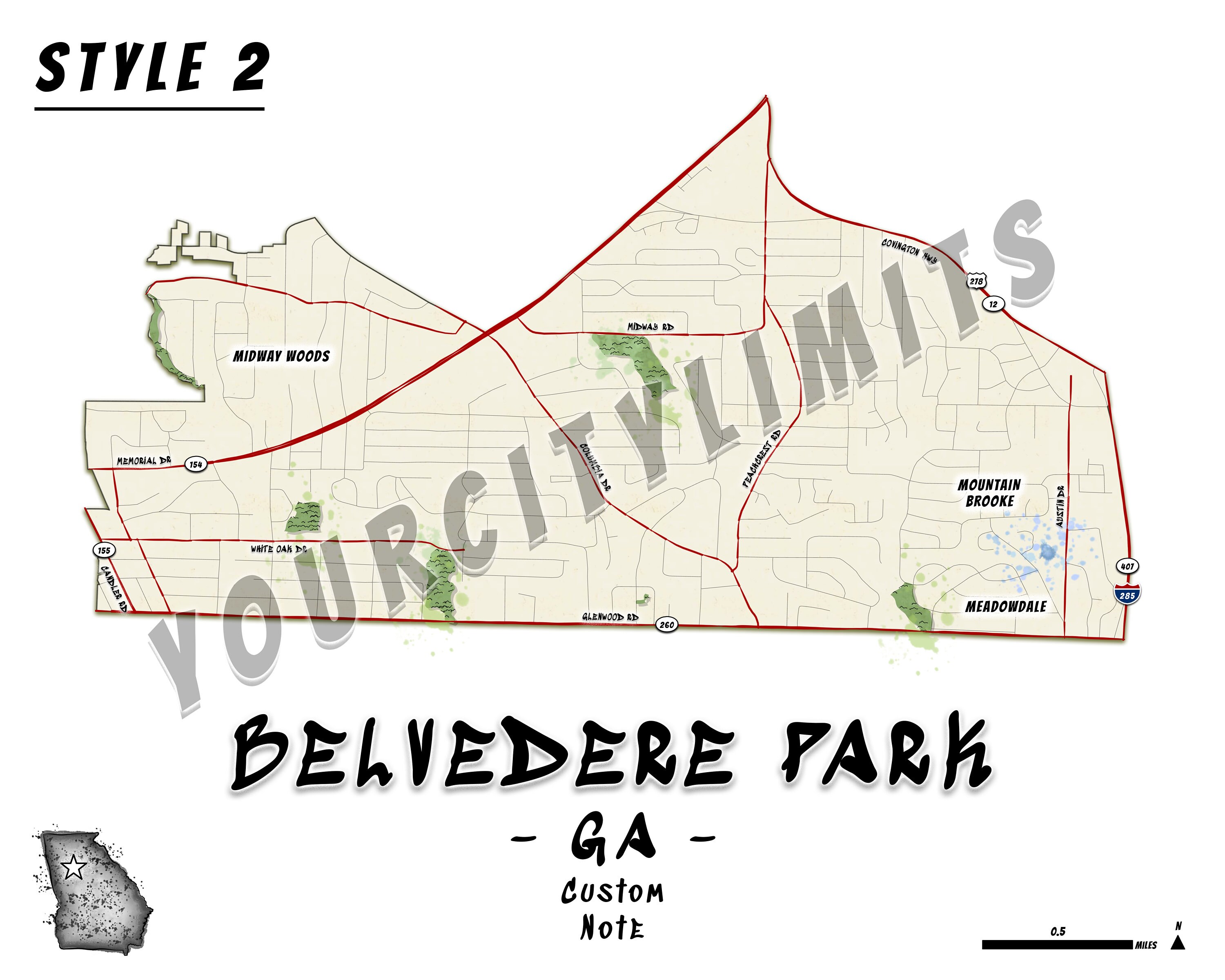 Belvedere Park Map, Custom Map, Personalized Map, Gift Map