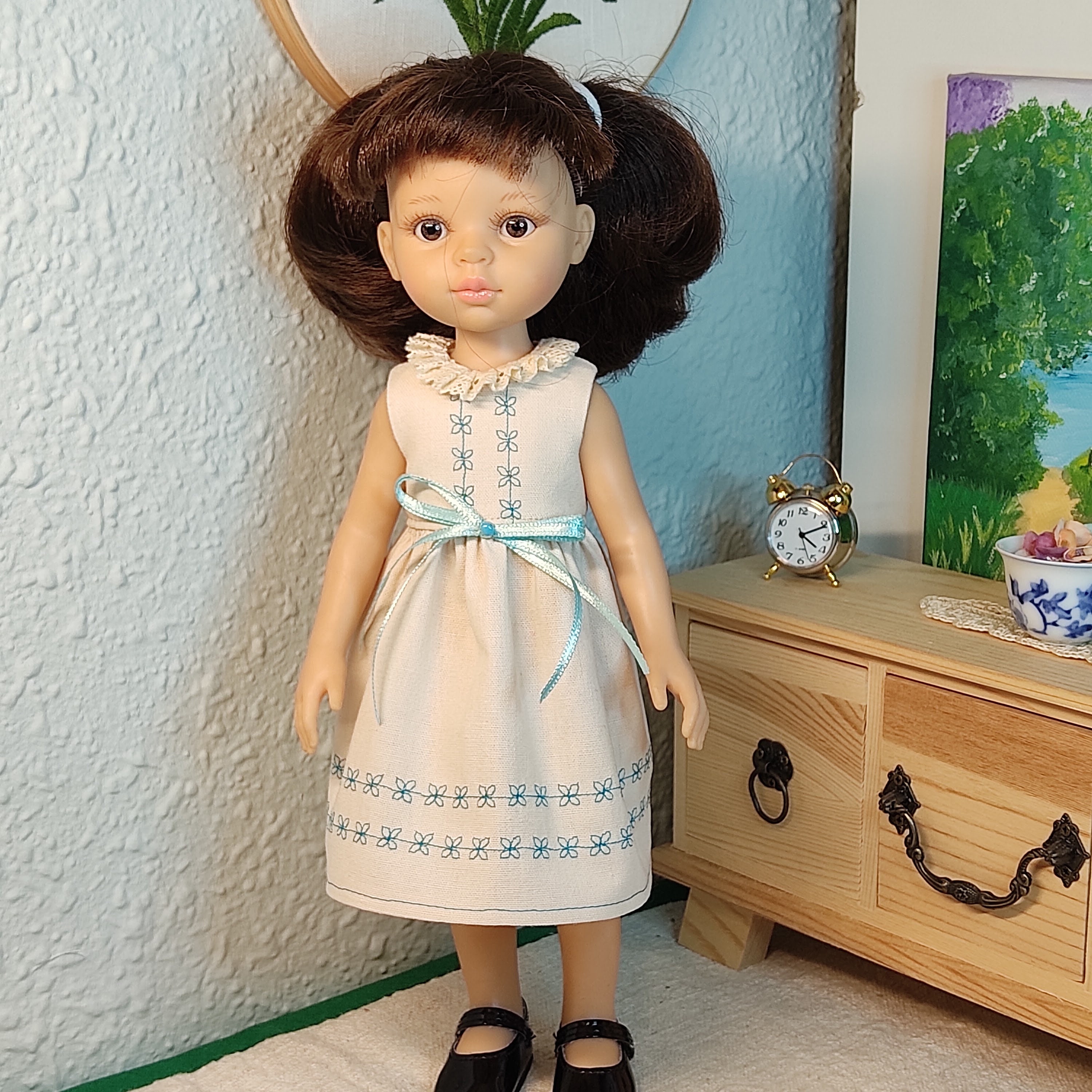 Handmade Embroidered Dress for 13" Paola Reina Doll: Beige & Blue Cotton Outfit