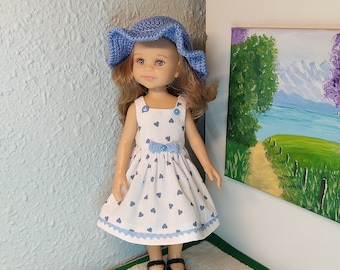 Handmade Blue Heart Dress with Knit Hat: OOAK Doll Outfit for 13&quot; Dolls
