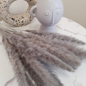 May include: A bouquet of dried pampas grass in a light gray color. The grass is arranged in a vase with a white face and two eyes. The vase is on a white marble table.