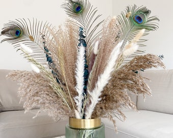 Luxury Pampas Grass Dried Flowers Bouquet 60cm |  Preserved Eucalyptus Bouquet with XL Peacock Feathers | Autumn Mixed Pampas Arrangement