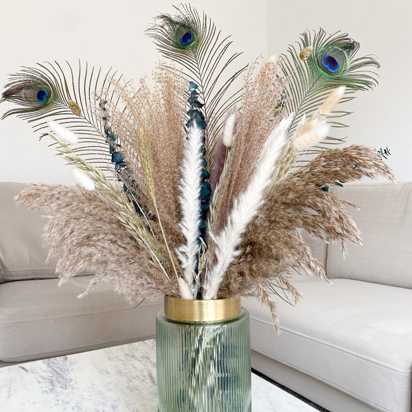 Bouquet de fleurs séchées d'herbe de la pampa de luxe 60 cm | Bouquet d'eucalyptus stabilisé avec XL plumes de paon | Arrangement d'automne pour pampas mixtes