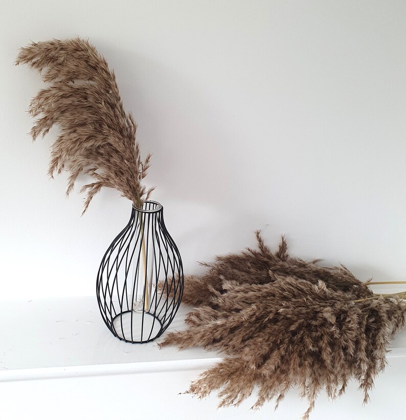 May include: A black metal vase with a round, cage-like design holds a bouquet of dried pampas grass. The vase is sitting on a white surface.