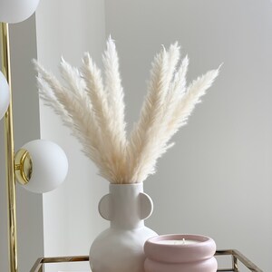 May include: A white ceramic vase with two handles on the sides, filled with dried pampas grass. A pink candle in a textured container sits on a gold tray with a magazine on top.