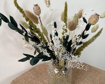 Set de regalo de ramos de flores secas y florero pequeño / Flores secas en florero para centro de mesa navideño / Arreglos florales secos para bodas