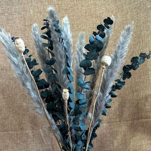 May include: A bouquet of dried pampas grass and eucalyptus stems with dried poppy seed pods. The pampas grass is a light beige color and the eucalyptus is a dark green color.