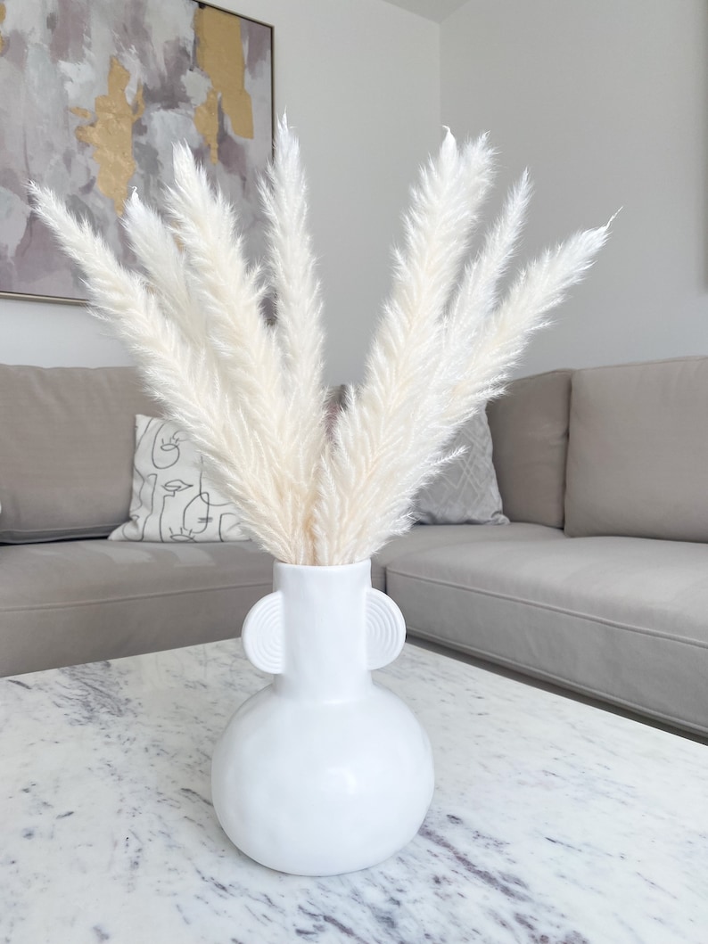 May include: White pampas grass in a white ceramic vase with two round handles. The vase is on a white marble table.