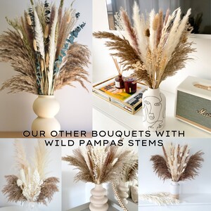 May include: A collection of dried pampas grass bouquets in various shades of brown and white, arranged in different vases. The text "OUR OTHER BOUQUETS WITH WILD PAMPAS STEMS" is displayed below the bouquets.