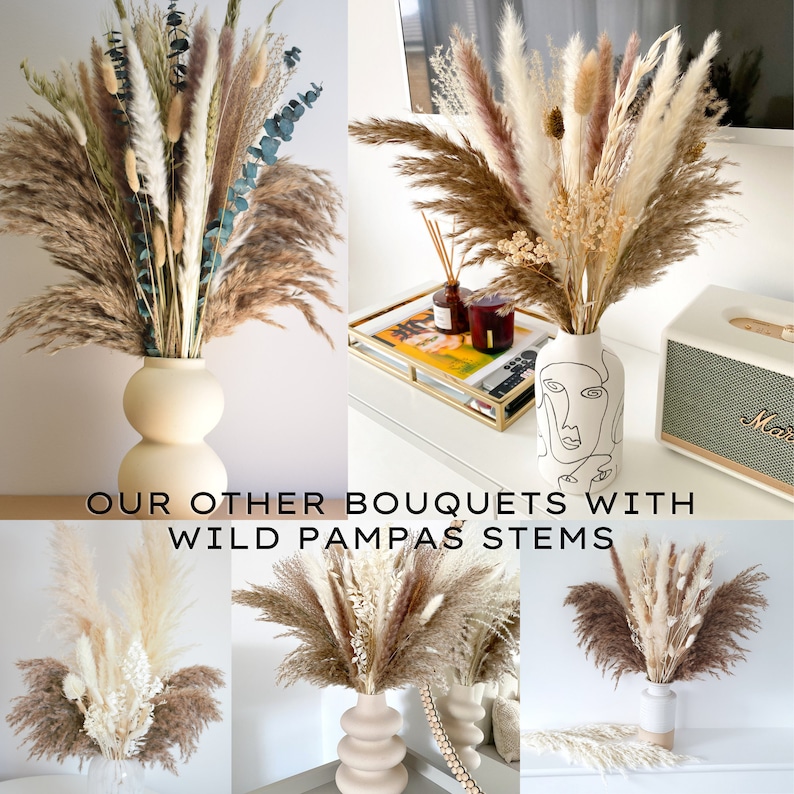 May include: A collection of dried pampas grass bouquets in various shades of brown and white, arranged in different vases. The text "OUR OTHER BOUQUETS WITH WILD PAMPAS STEMS" is displayed below the bouquets.