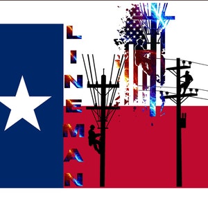 Könnte beinhalten: Ein Grafikdesign mit der Silhouette eines Linienmannes, der an einer Stromleitung arbeitet. Das Design ist vor einem rot-weiß-blauen Hintergrund mit den Worten "LINEMAN" in Fettdruck platziert. Das Design erinnert an die Flagge des Bundesstaates Texas.
