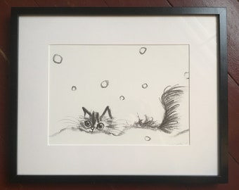 A3 Riso Art Print  "Katze & Schnee"