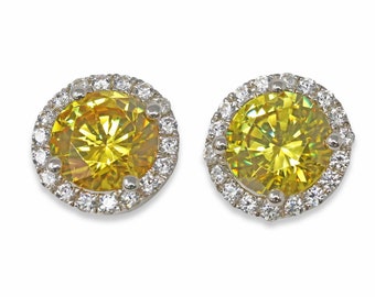 925 Sterling Silver Golden Yellow Cubic Zirconia Round Halo Stud Earrings