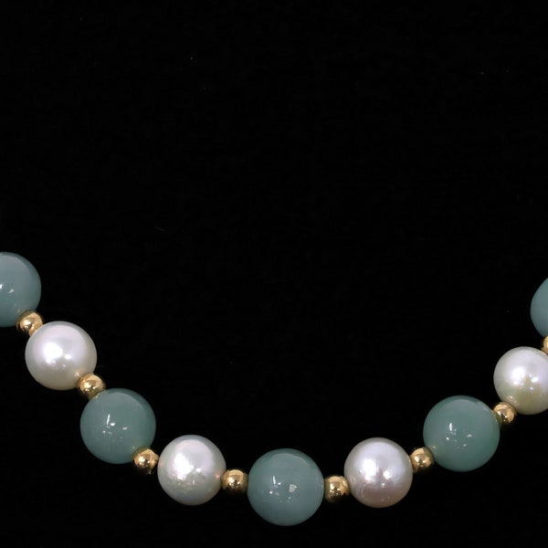14K Yellow Gold Genuine Jade Pearl Necklace