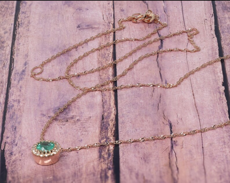 14K Rose Gold Genuine Emerald 1/3ct, Diamond Halo Pendant Necklace Etsy