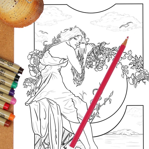 SUMMER GIRL COLOURING page  Art Nouveau printable Colouring Adults Children lineart stress relief Alphonse Mucha Drawing Trigger Creativity