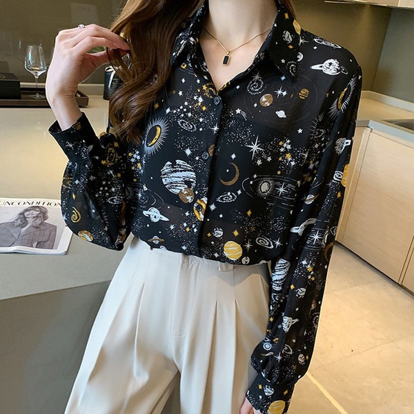 COSMOS Print Simple Elegant Buttoned Blouse Solar System Stars Print Collar Casual Print Vintage Shirts Office Work Top Chiffon Blouse