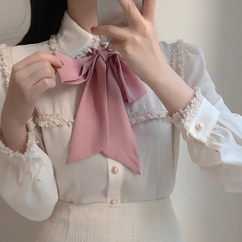 BOW TIE Blouse Top Office School Girl Preppy Vintage Front - Etsy