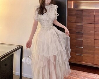 EMPIRE Cut Waist Ruffled Knee Length Dress Lace Collar Tie Up Front V Neck Summer Women