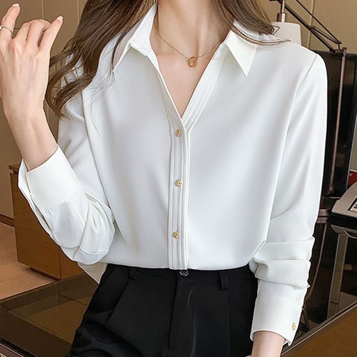 COLLAR Buttoned Front Shirt Office Attire Blouse White Cotton - Etsy