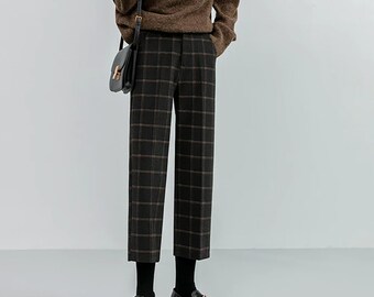 SEOUL Plaid Autumn Winter Woolen Plaid Women Formal Straight Pants High Waist Ankle-Length Trousers Dress Pants