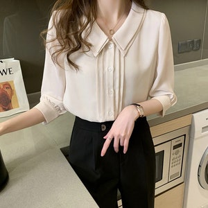 CHIFFON Blouse Office Ladies Collared Buttoned Short Sleeves Polo Shirt ...