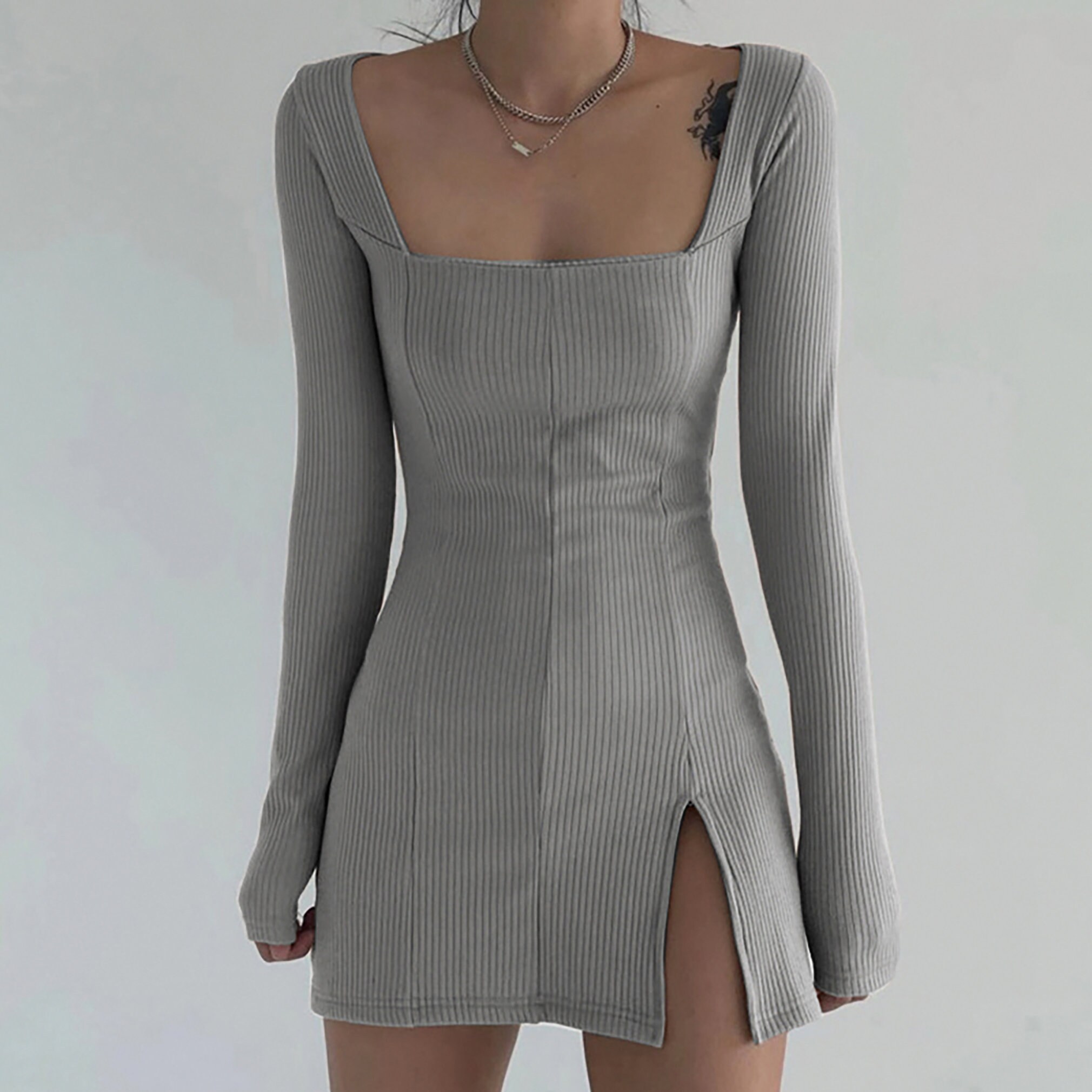 SQUARE Neck Ribbed Black Dress Women 