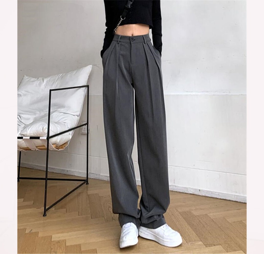 TROUSERS Straight Cut Relaxed Fit Slack Office High Waisted Trousers ...