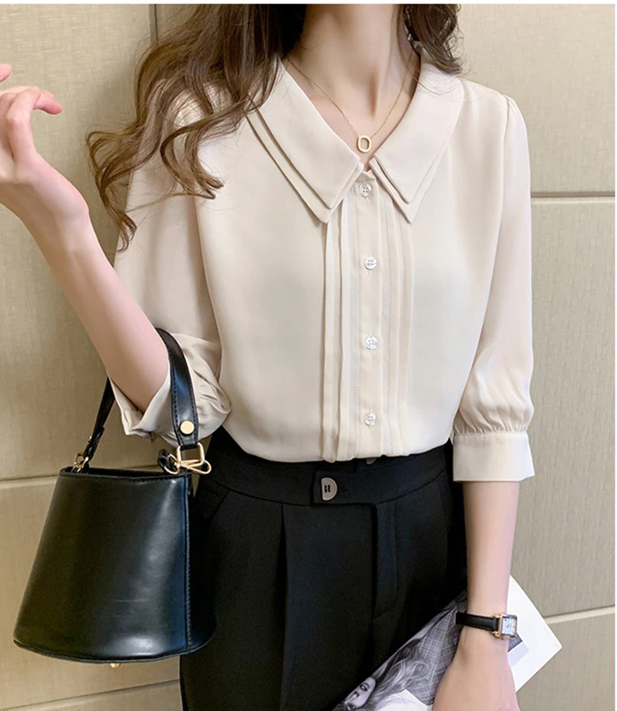 CHIFFON Blouse Office Ladies Collared Buttoned Short Sleeves - Etsy