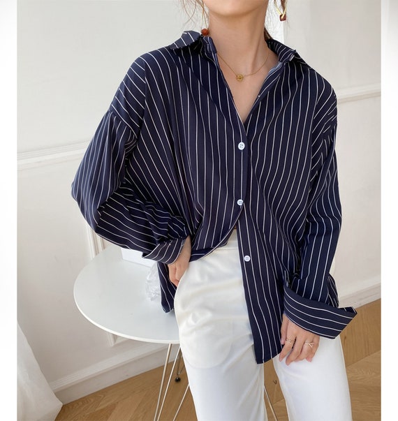 STRIPED Blouse Vintage Loose Stripes Long Sleeves Shirt Full