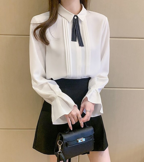 LV BUTTON UP - Bizarre  White shirts women, Chiffon shirt blouse, White  long sleeve shirt