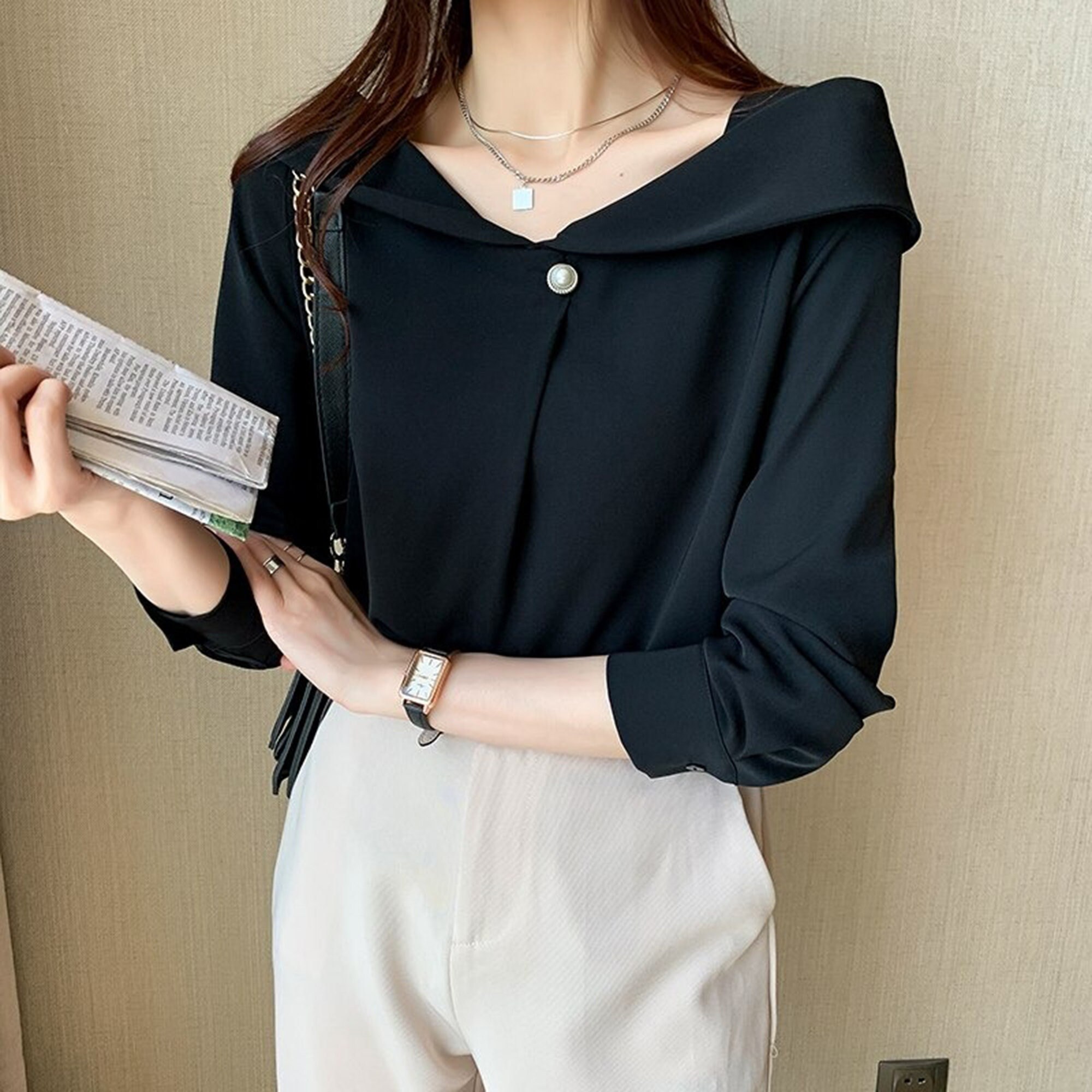 Sunniessideofficial Draped Chiffon Office Blouse Autumn Long Sleeve Blouse Women Ladies Shirt Women Collared