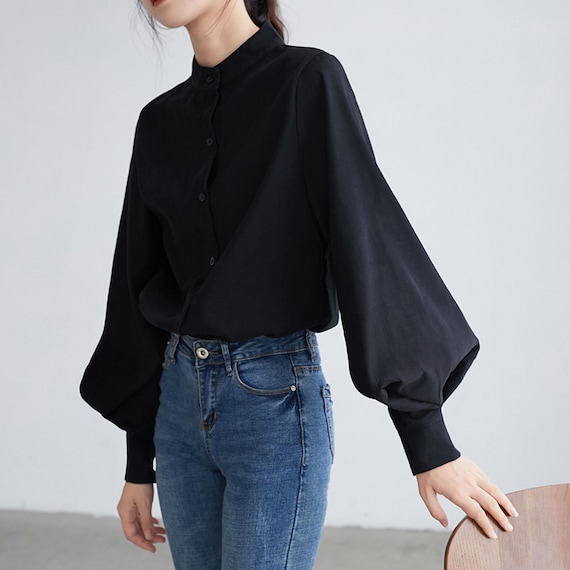 PUFF Sleeves High Neck Long Sleeves Shirt Top Women Office Outfit Black  Blouse - Etsy