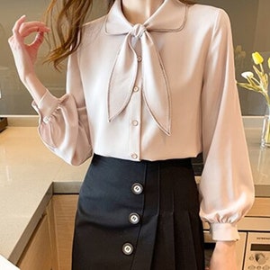 TIE Neck Chiffon Blouse Shirt Women Long Sleeve Blouse Top - Etsy