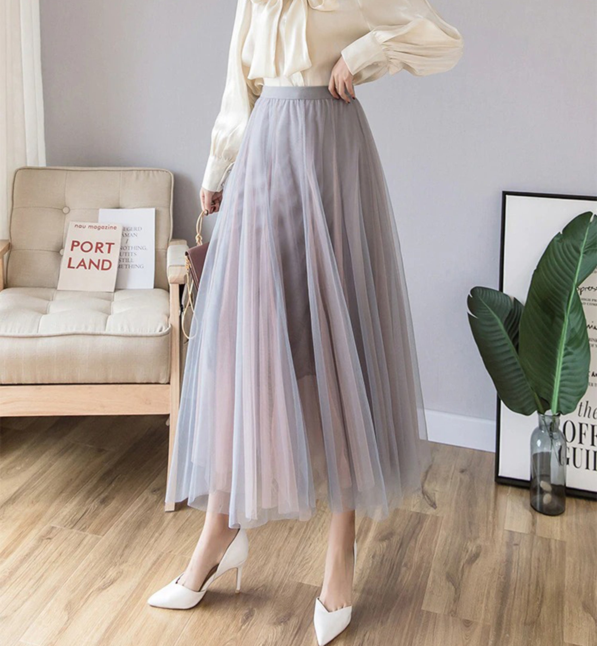 Womens Long Tutu Tulle Skirt A Line Floor Gradient Black and White Length Special Occasion Night Out fold Skirt 