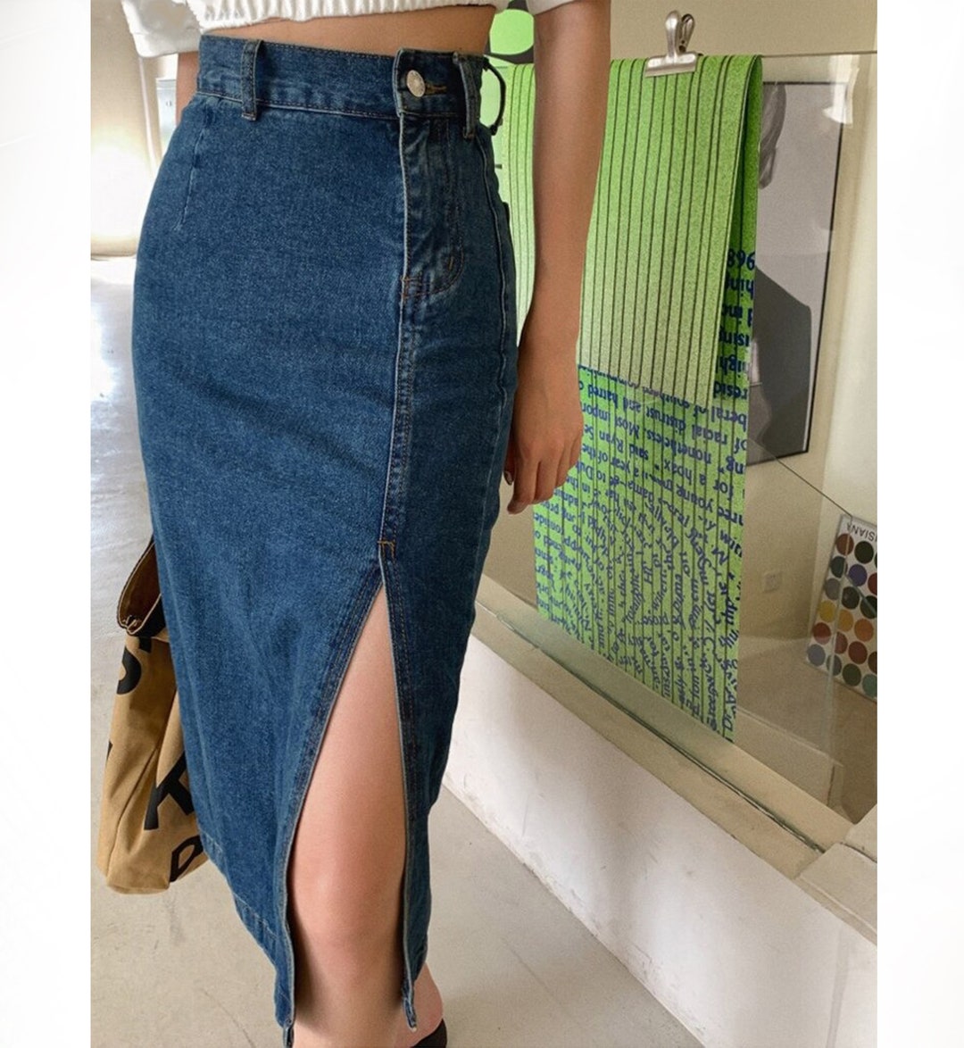 DENIM Pencil Skirt Slim Side Slit Retro Style High Waist High Rise ...