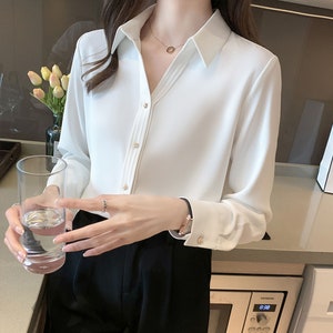 FEMME Office Collar Front Buttons Blouse White Semi Casual - Etsy