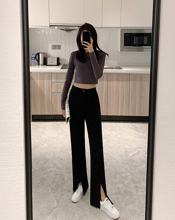 TROUSERS High Waist Button Wide Leg Pants Pleated Front Slit Floor