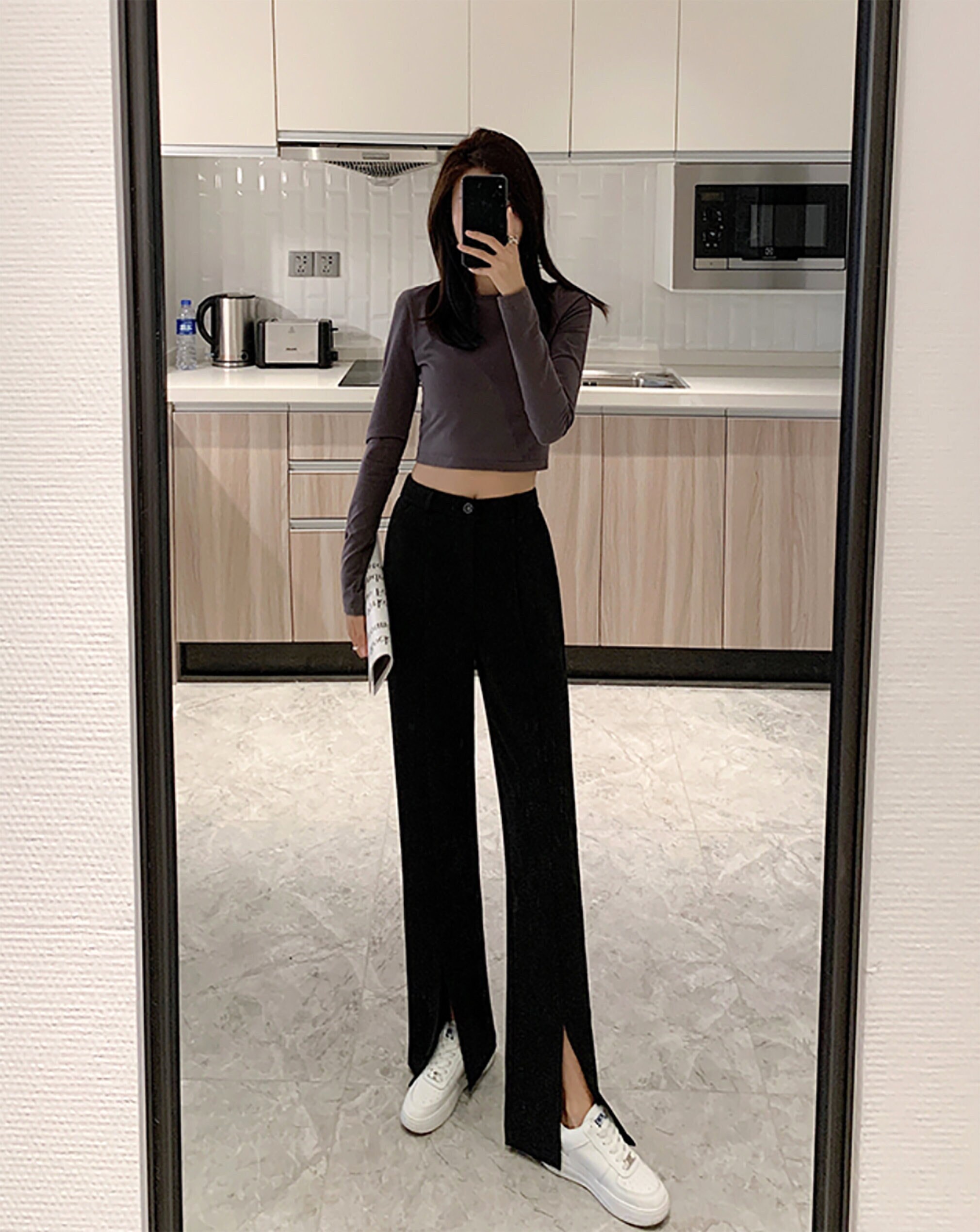TROUSERS High Waist Button Wide Leg Pants Pleated Front Slit - Etsy Sweden