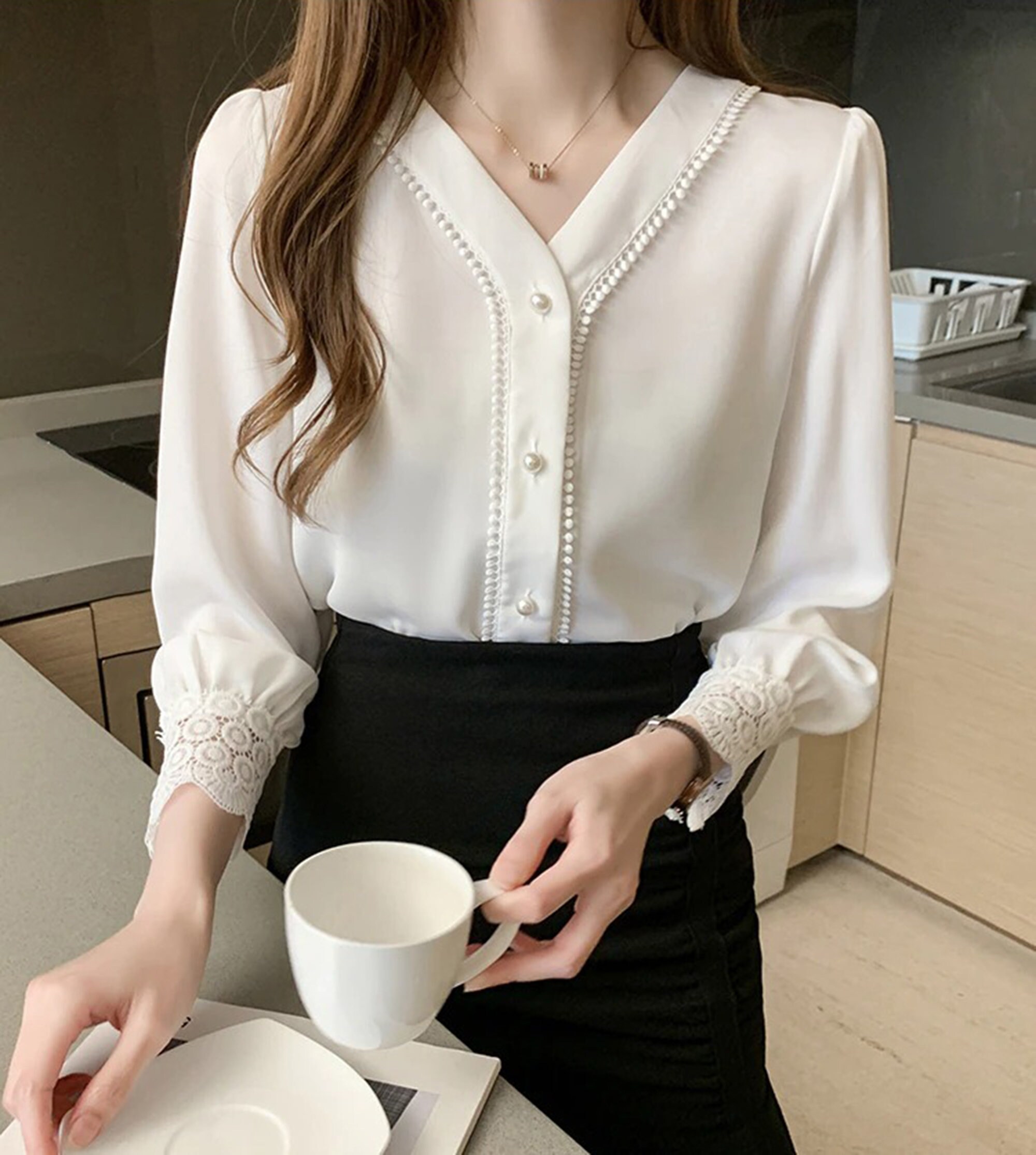 PEARL Buttons White Chiffon Embroidery Long Sleeves Office - Etsy Canada