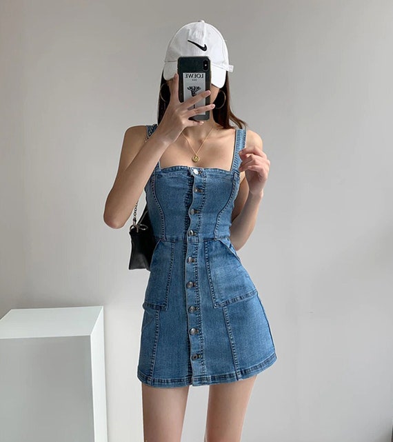Sunniessideofficial Blue Denim Overalls Suspender Mini Dress Jumper Skirt Denim Spring Dress Bodycon Women