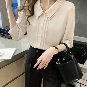 CHIFFON Blouse Office Ladies Collared Buttoned Short Sleeves Polo Shirt ...