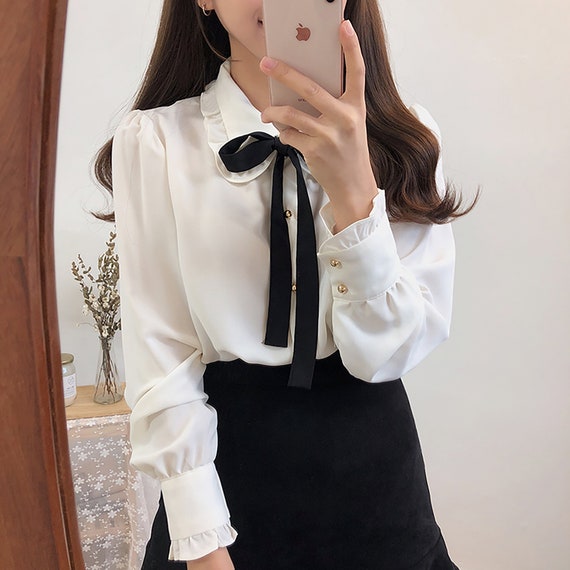 Preppy Style Blouse Bow Tie Top Ribbon Collared School Girl Front Buttons Ruffled Blouse Women
