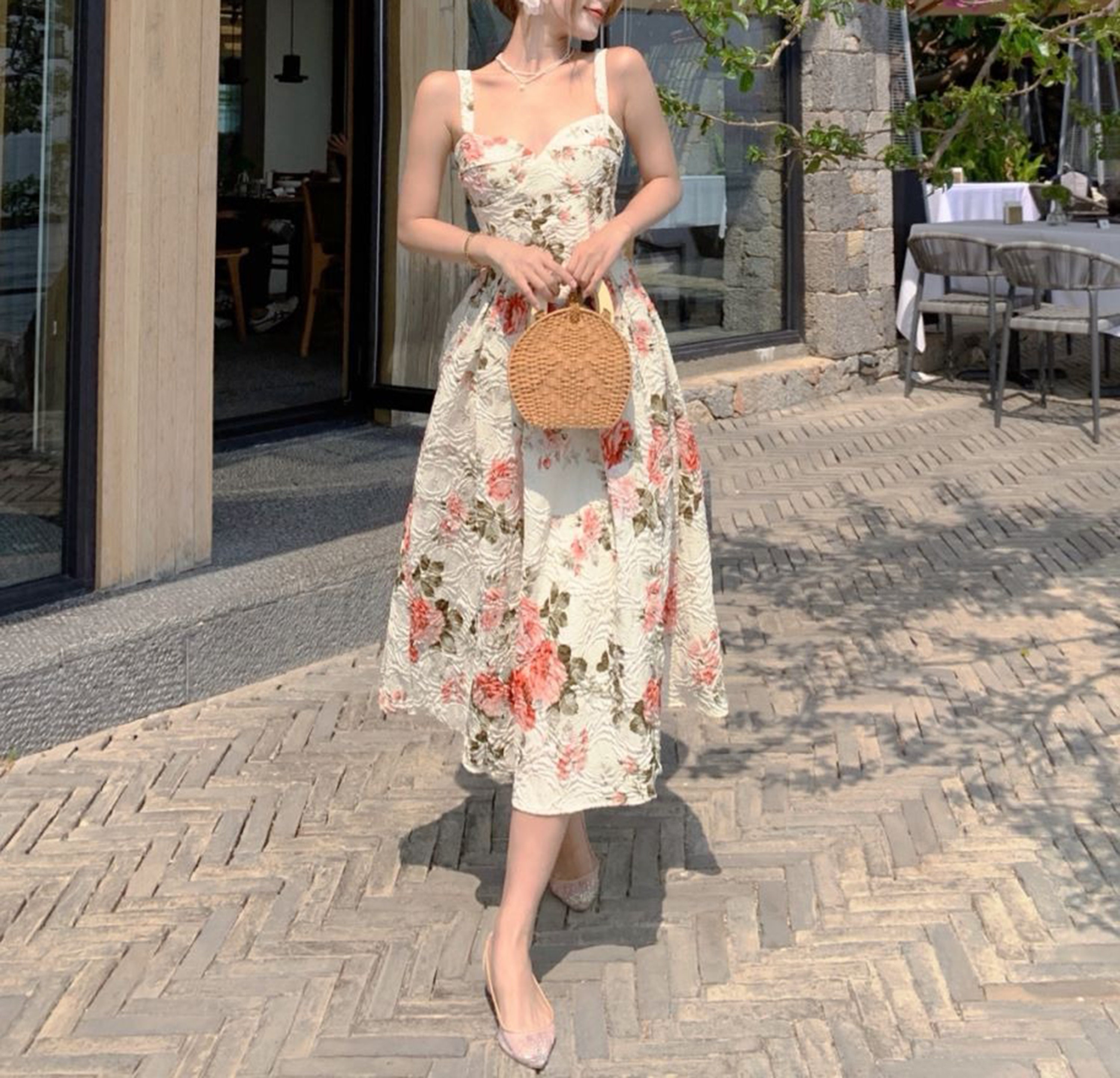 HOLIDAY Floral Summer Bow Tie Strap Women Dress Vintage Red - Etsy