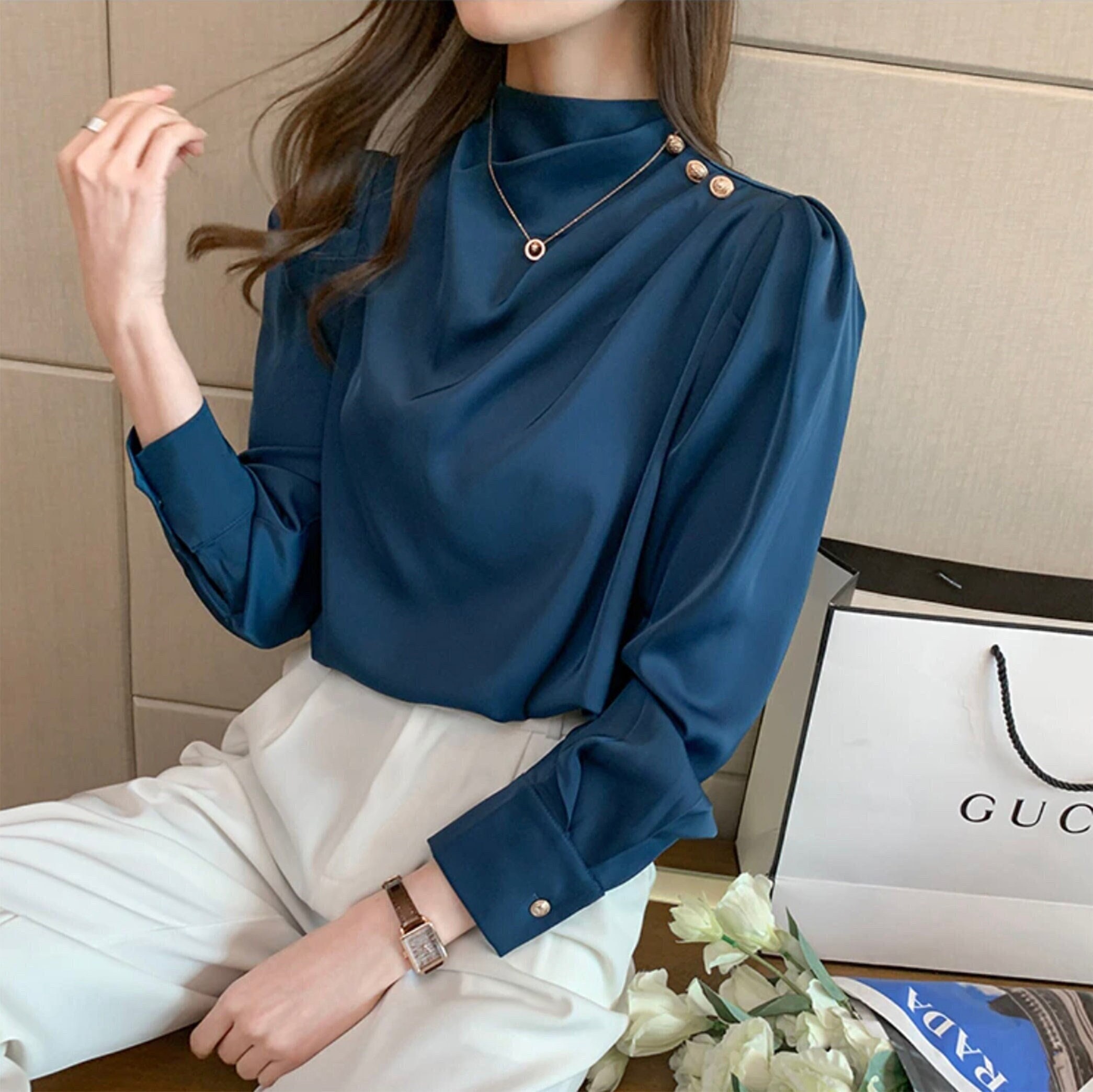 SATIN Shoulder Buttons High Neck Shirt Chiffon Blouse for - Etsy Portugal