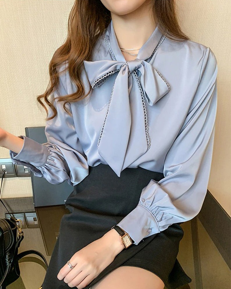 BOW TIE Blouse Top Office School Girl Preppy Vintage Front | Etsy