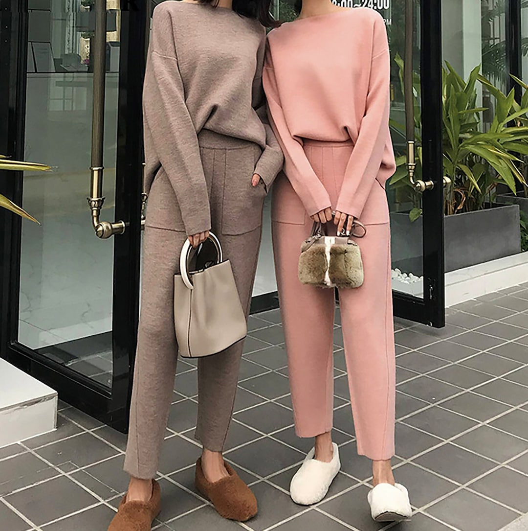 Printing Long Sleeved Knitted Casual 2-piece Knit Sweater Loose Sweater  Wide Leg Pants Set Two Piece Set Women Outfit 2023