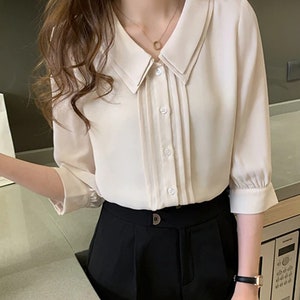 CHIFFON Blouse Office Ladies Collared Buttoned Short Sleeves Polo Shirt ...