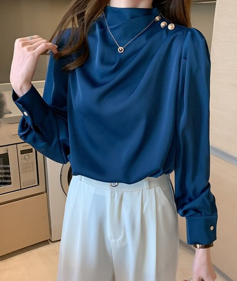 SATIN Shoulder Buttons High Neck Shirt Chiffon Blouse for Etsy