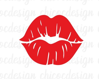 May include: Red lips graphic design in a kiss shape. Digital download available in SVG and PNG formats.